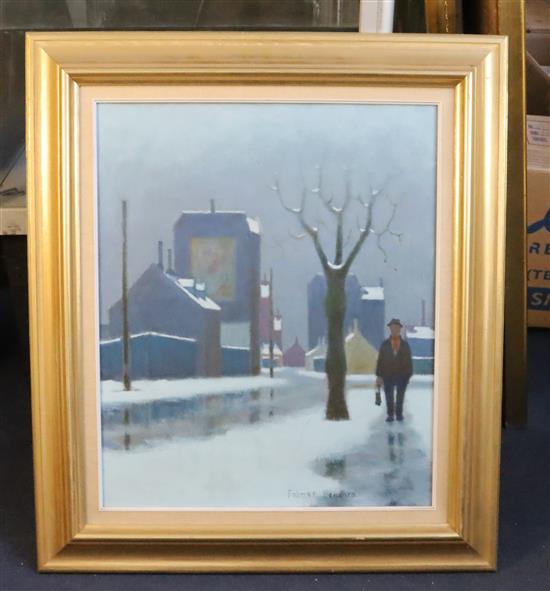 § Folmer Bendsten (Danish 1907-1993) Figure on a snowy street 21.5 x 18in.